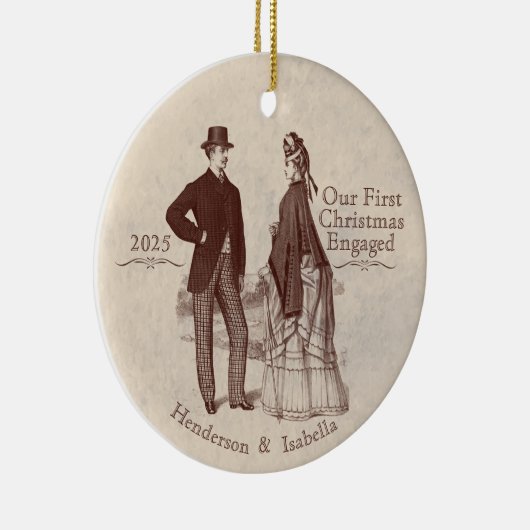 私たちの初めてのクリスマス婚約したヴィンテージカップル セラミックオーナメント (右)