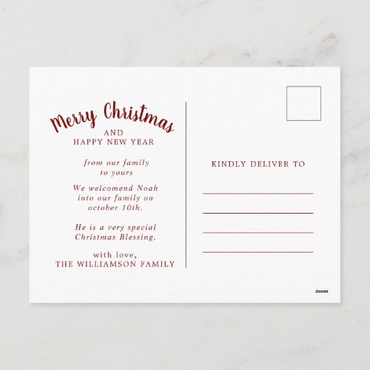 私たちの初めてのクリスマス家族の写真 シーズンポストカード (裏面)