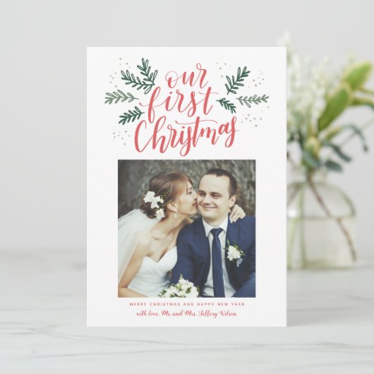 私たちの初めてのクリスマス手入力の新しい写真 シーズンカード (スタンド正面)