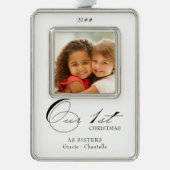 私たちの初めてのクリスマス書道の写真と名前 シルバープレートフレームオーナメント (正面)