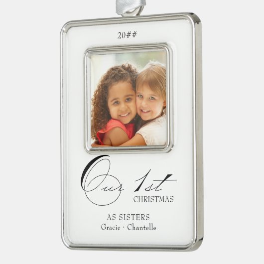 私たちの初めてのクリスマス書道の写真と名前 シルバープレートフレームオーナメント (左)