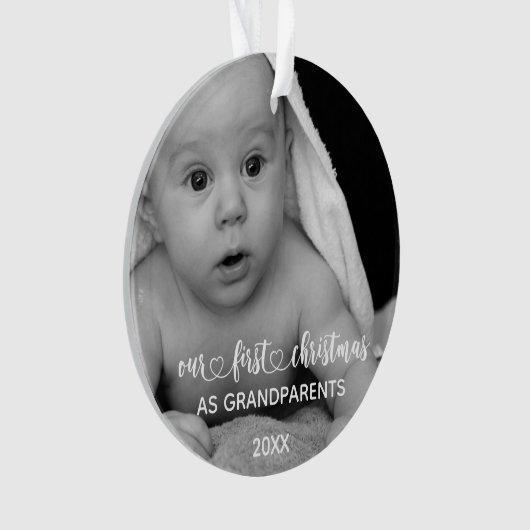 私たちの初めてのクリスマス祖父母の手書き写真 オーナメント (正面)