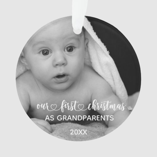 私たちの初めてのクリスマス祖父母の手書き写真 オーナメント (正面)