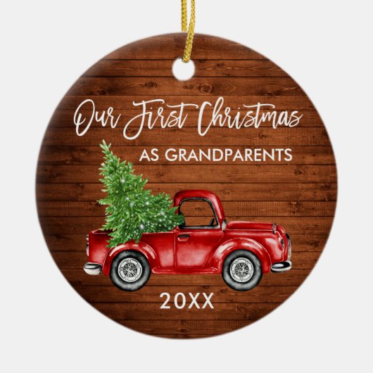 私たちの初めてのクリスマス祖父母ウッドトラックの写真 セラミックオーナメント (正面)