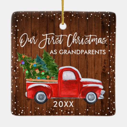 私たちの初めてのクリスマス祖父母ウッドトラックスノー セラミックオーナメント (裏面)