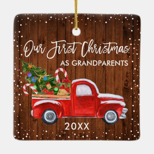 私たちの初めてのクリスマス祖父母トラックウッドスノー セラミックオーナメント (裏面)
