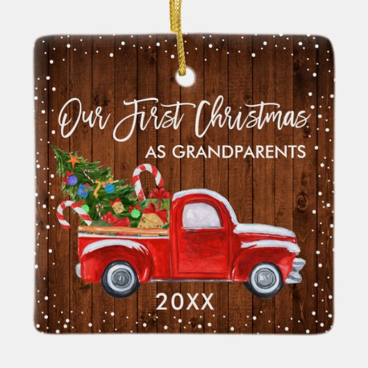 私たちの初めてのクリスマス祖父母トラックウッドスノー セラミックオーナメント (正面)