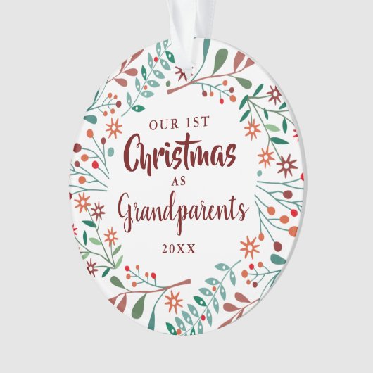 私たちの初めてのクリスマス祖父母フローラベビー写真 オーナメント (正面)