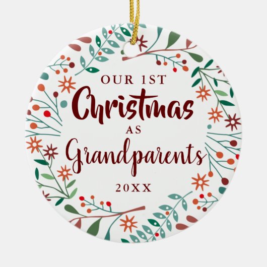 私たちの初めてのクリスマス祖父母フローラベビー写真 セラミックオーナメント (正面)