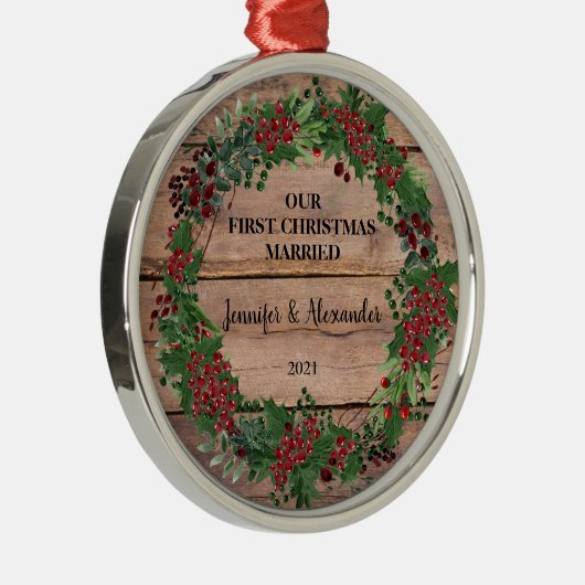 私たちの初めてのクリスマス結婚したの素朴な木の果実 メタルオーナメント (右)