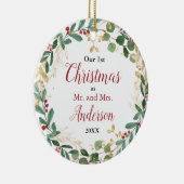 私たちの初めてのクリスマス結婚したの赤い金ゴールドエレガント写真 セラミックオーナメント (右)