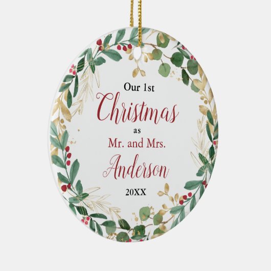 私たちの初めてのクリスマス結婚したの赤い金ゴールドエレガント写真 セラミックオーナメント (右)