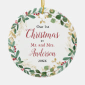 私たちの初めてのクリスマス結婚したの赤い金ゴールドエレガント写真 セラミックオーナメント (正面)