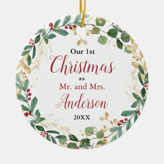 私たちの初めてのクリスマス結婚したの赤い金ゴールドエレガント写真 セラミックオーナメント (正面)