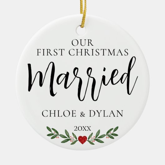 私たちの初めてのクリスマス結婚したカスタム写真 セラミックオーナメント (正面)