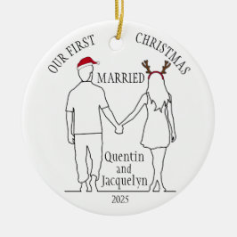私たちの初めてのクリスマス結婚したサンタハット&〔雄ジカの〕枝角 セラミックオーナメント