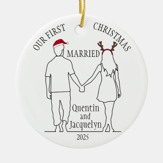 私たちの初めてのクリスマス結婚したサンタハット&〔雄ジカの〕枝角 セラミックオーナメント (正面)