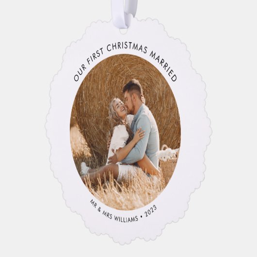 私たちの初めてのクリスマス結婚したフォトホリデー オーナメントカード (左)