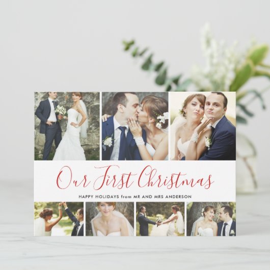 私たちの初めてのクリスマス結婚したホリデー7フォトコラージュ シーズンカード (スタンド正面)