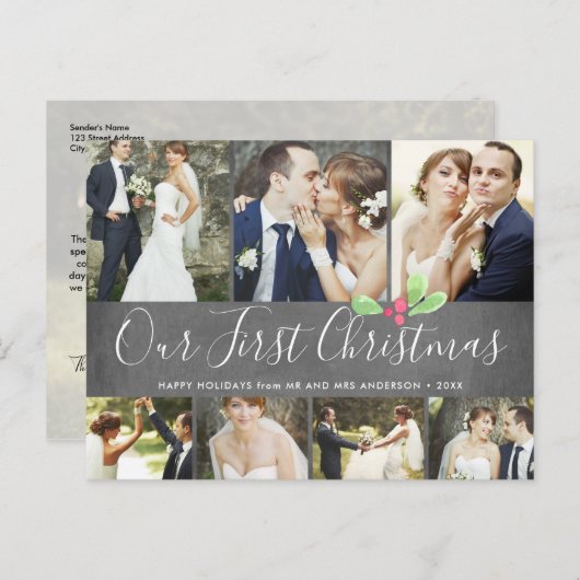 私たちの初めてのクリスマス結婚したホリデー7フォトコラージュ シーズンポストカード (正面/裏面)