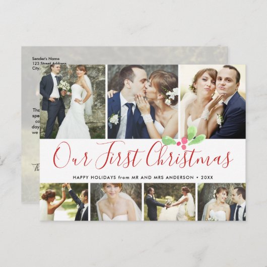 私たちの初めてのクリスマス結婚したホリデー7フォトコラージュ シーズンポストカード (正面/裏面)
