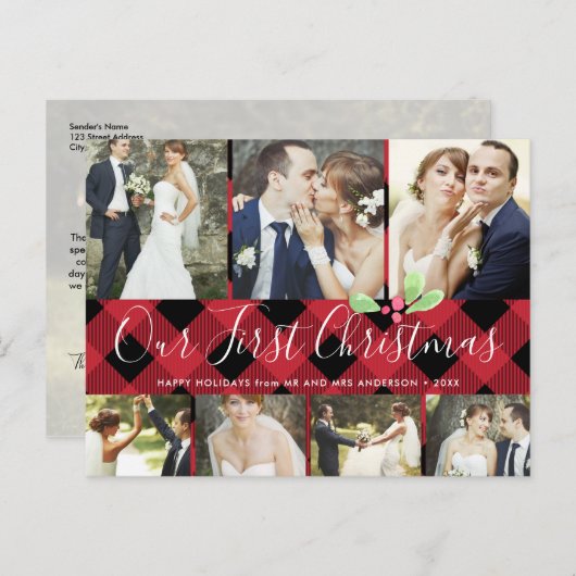 私たちの初めてのクリスマス結婚したホリデー7フォトコラージュ シーズンポストカード (正面/裏面)