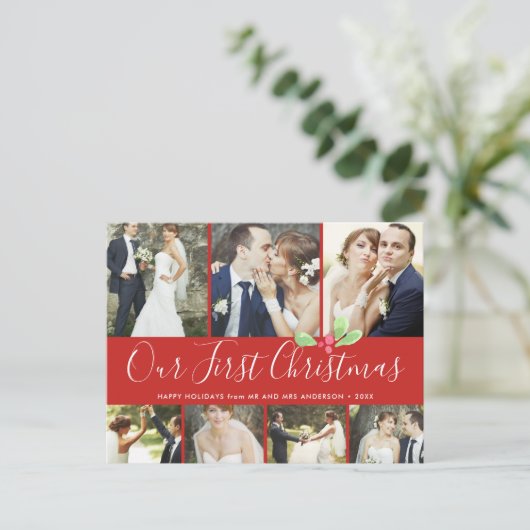 私たちの初めてのクリスマス結婚したホリデー7フォトコラージュ ポストカード (スタンド正面)