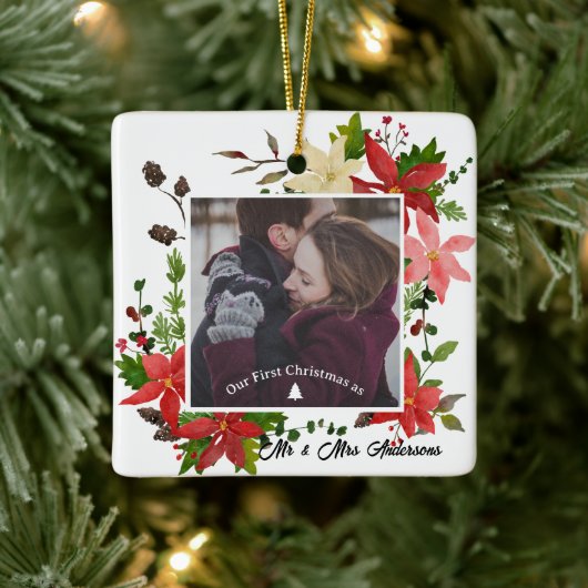 私たちの初めてのクリスマス結婚したポインセチア写真 セラミックオーナメント (ツリー)