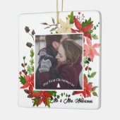 私たちの初めてのクリスマス結婚したポインセチア写真 セラミックオーナメント (左)