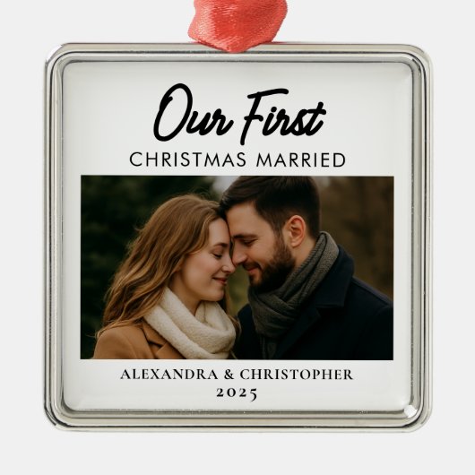 私たちの初めてのクリスマス結婚したミニマルモダン メタルオーナメント (正面)