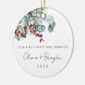 私たちの初めてのクリスマス結婚したユーカリ写真 セラミックオーナメント (左)