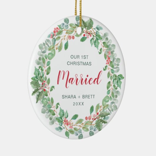 私たちの初めてのクリスマス結婚したレッドグリーンリース セラミックオーナメント (右)