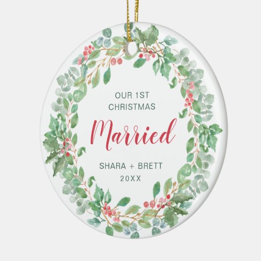 私たちの初めてのクリスマス結婚したレッドグリーンリース セラミックオーナメント (左)