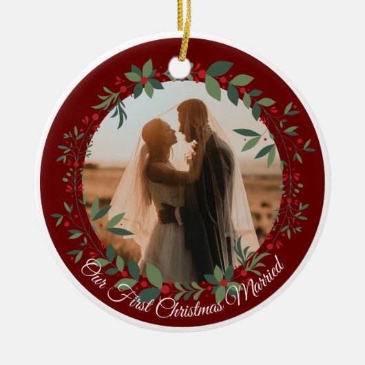 私たちの初めてのクリスマス結婚した写真クリスマスツリー セラミックオーナメント (正面)