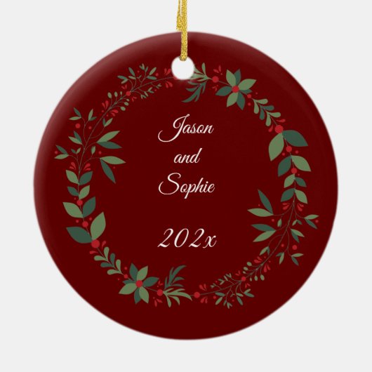 私たちの初めてのクリスマス結婚した写真クリスマスツリー セラミックオーナメント (裏面)
