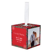 私たちの初めてのクリスマス結婚した写真タータンチェックPlaid キューブオーナメント (正面アングル)