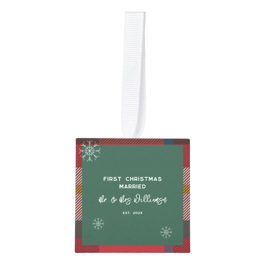 私たちの初めてのクリスマス結婚した写真プライド素朴 キューブオーナメント (正面)