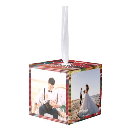 私たちの初めてのクリスマス結婚した写真プライド素朴 キューブオーナメント (裏面アングル)