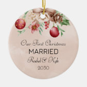 私たちの初めてのクリスマス結婚した婚約したフローラ セラミックオーナメント (正面)