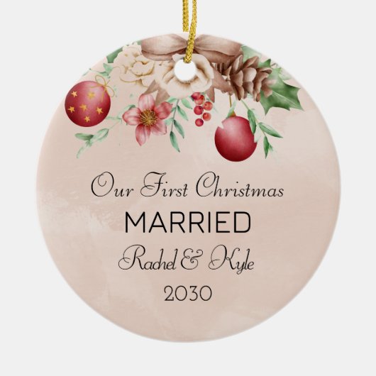 私たちの初めてのクリスマス結婚した婚約したフローラ セラミックオーナメント (正面)