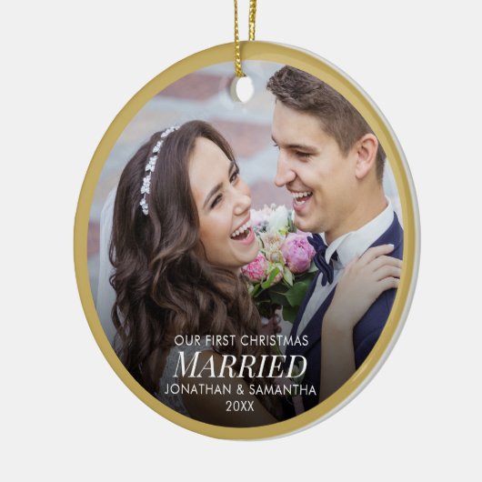 私たちの初めてのクリスマス結婚した2写真金ゴールドクリスマス セラミックオーナメント (左)