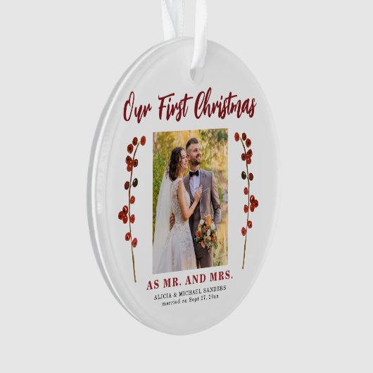 私たちの初めてのクリスマス結婚した2枚の写真モダン オーナメント (正面)