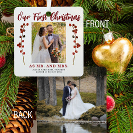 私たちの初めてのクリスマス結婚した2枚の写真モダン メタルオーナメント