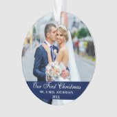 私たちの初めてのクリスマス結婚の写真の青 オーナメント (正面)