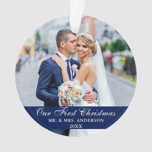 私たちの初めてのクリスマス結婚の写真の青 オーナメント (正面)