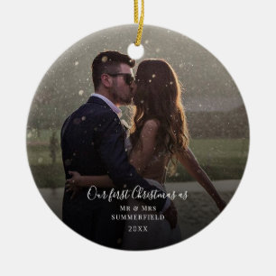 私たちの初めてのクリスマス結婚カップルの写真 セラミックオーナメント
