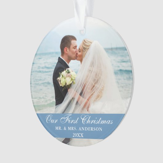 私たちの初めてのクリスマス結婚ブルーの写真 オーナメント (正面)