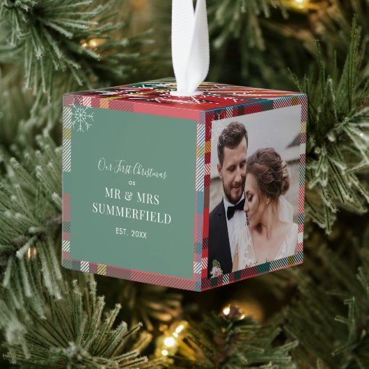 私たちの初めてのクリスマス結婚プレイドの写真 キューブオーナメント (ツリー)