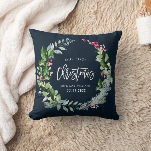 私たちの初めてのクリスマス結婚リースの発表 クッション (ブランケット)
