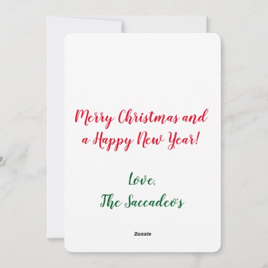 私たちの初めてのクリスマス赤と白ホリデーカード シーズンカード (裏面)